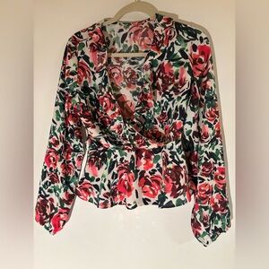 Vibrant Floral Blouse-Splashes of Pink,Green,& other different shades.DEEP Vneck